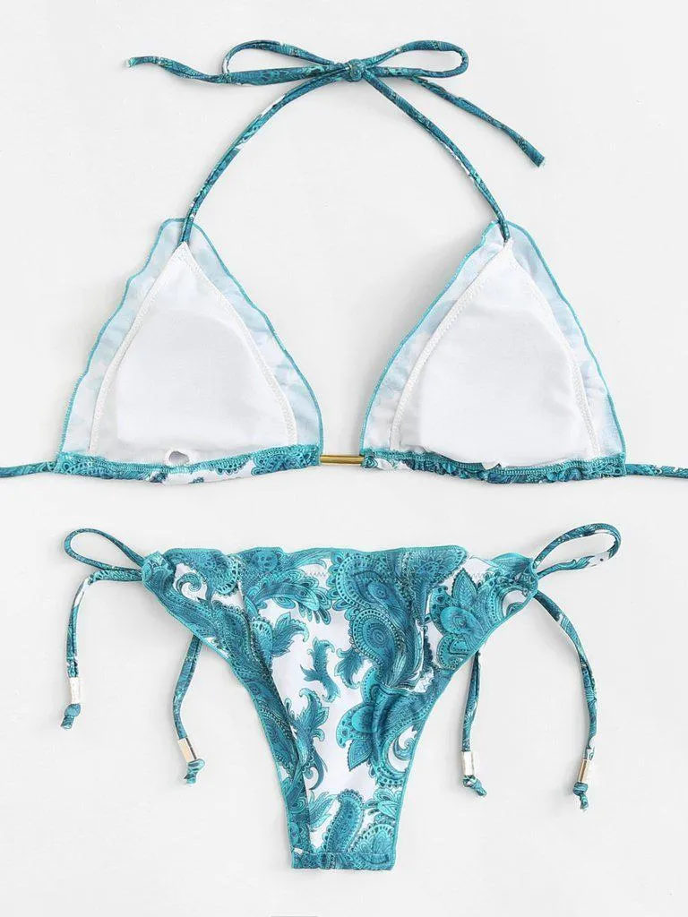 Paisley Print Self Tie Bikini Set