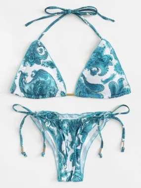 Paisley Print Self Tie Bikini Set