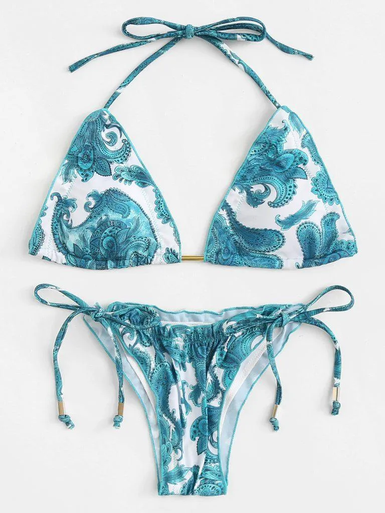 Paisley Print Self Tie Bikini Set