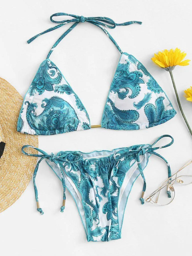 Paisley Print Self Tie Bikini Set