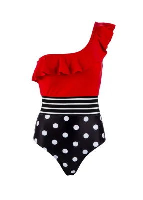 Red Polka Dot Navy Blue Asymmetrical Swimsuit