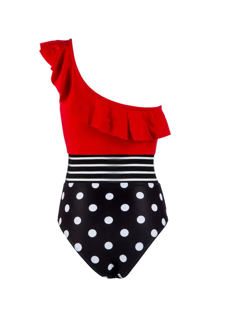 Red Polka Dot Navy Blue Asymmetrical Swimsuit