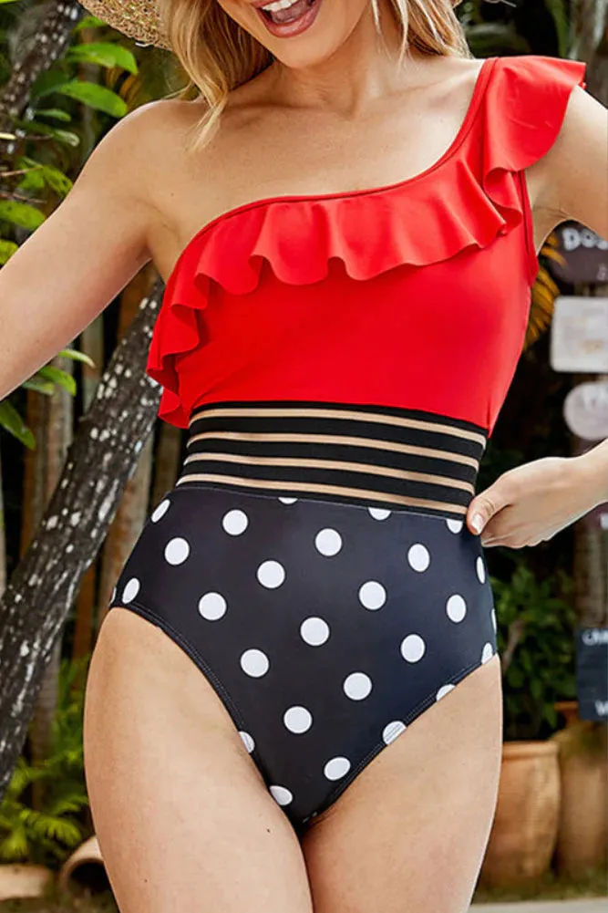 Red Polka Dot Navy Blue Asymmetrical Swimsuit