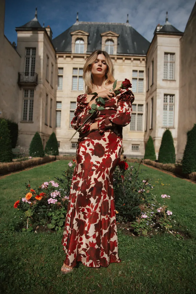 Robe longue en crêpe de soie imprimée - Rouge