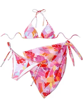 Sexy Halter Bikini Top Triangle Bikini Set Beach Wear Bikini Set-Pink Floral