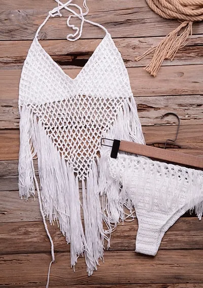 Sexy Women Lace Crochet Mesh Tassel Bikini Cover Up Swimwear