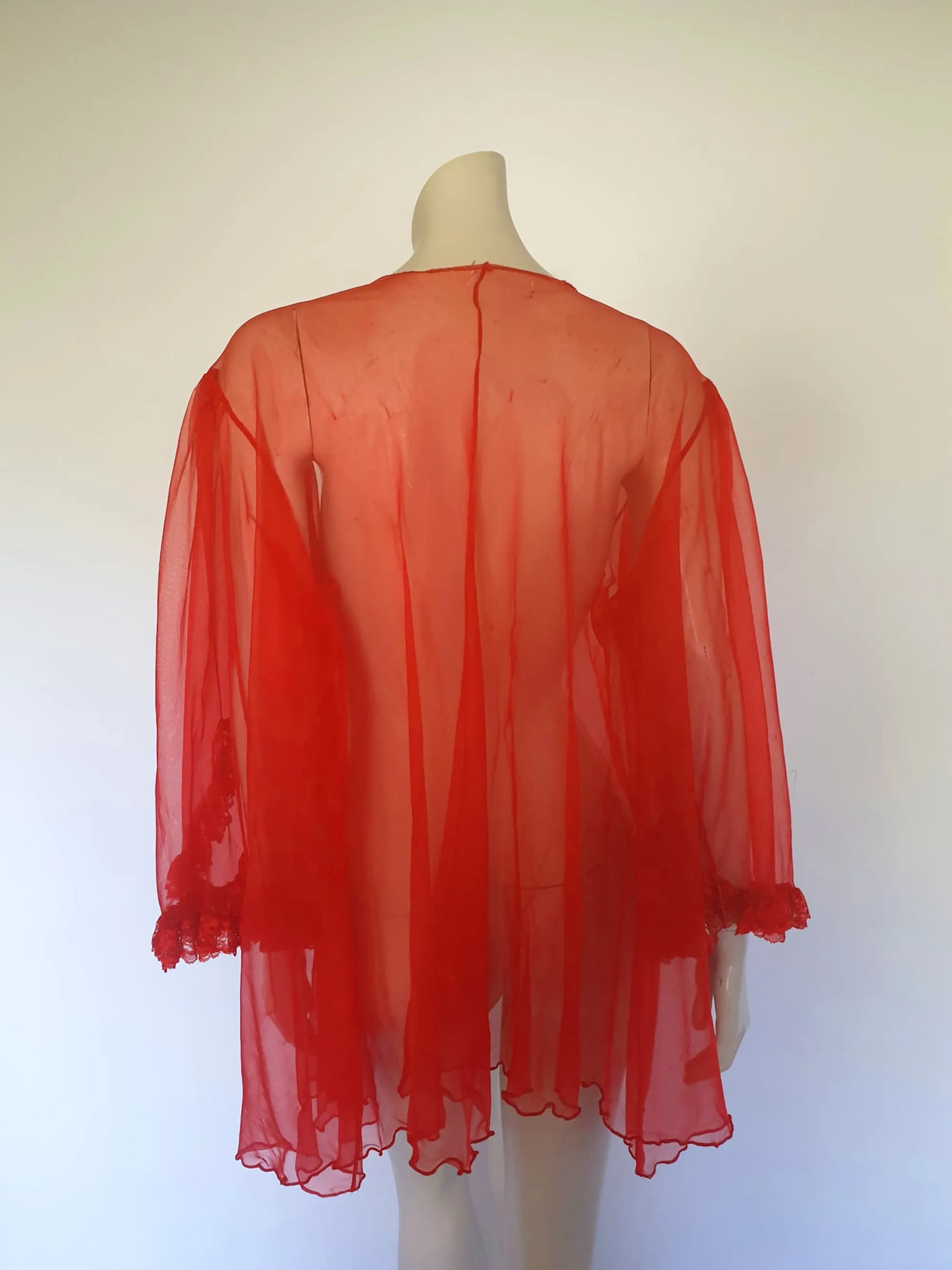 Sheer Red Mini Robe With Full Sleeves - M