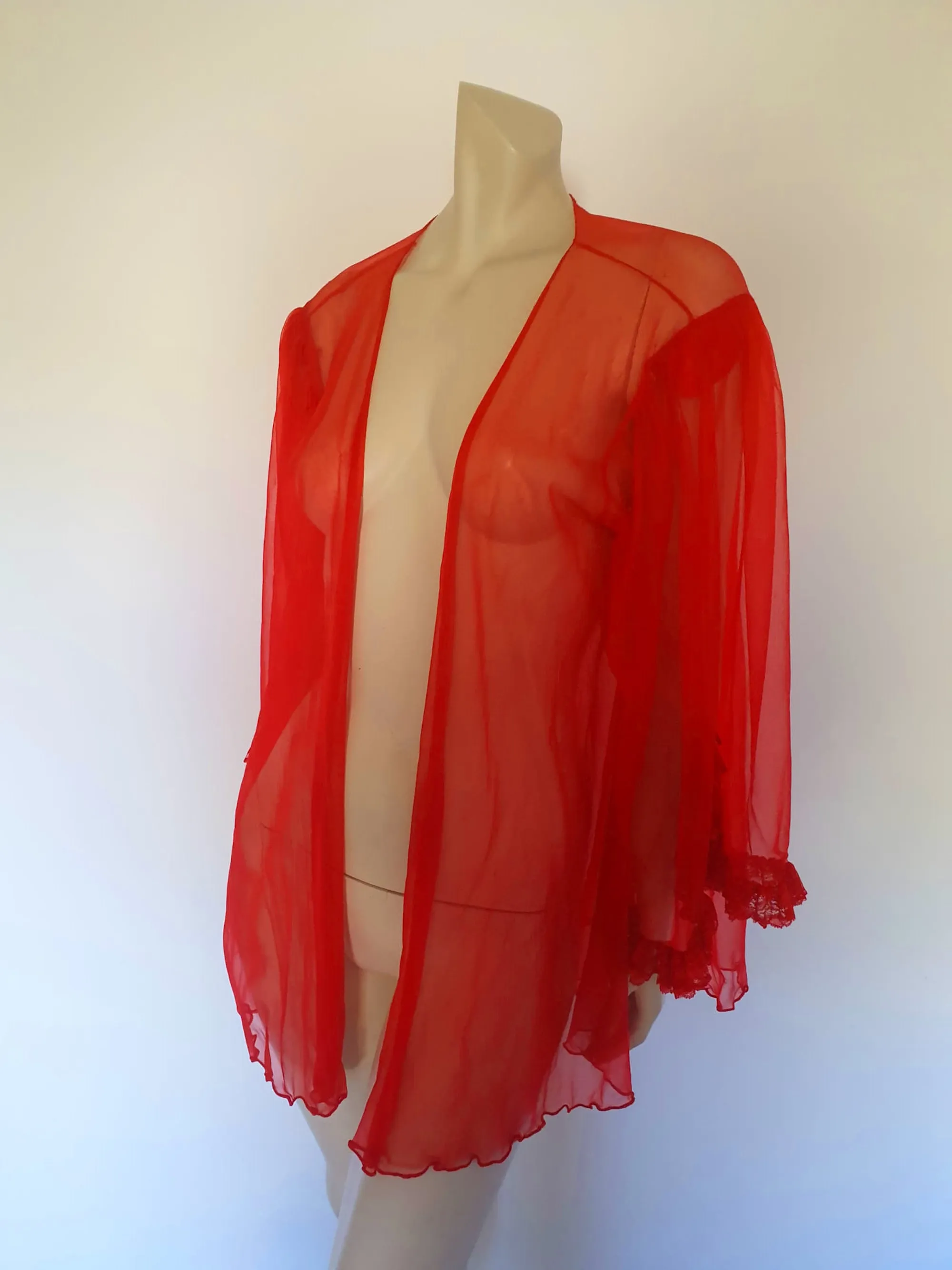 Sheer Red Mini Robe With Full Sleeves - M