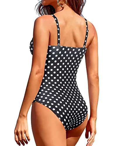 Square Neck Modest Vintage Slimming Retro Ruched Swimwear For Women-Black Dot