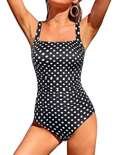 Square Neck Modest Vintage Slimming Retro Ruched Swimwear For Women-Black Dot