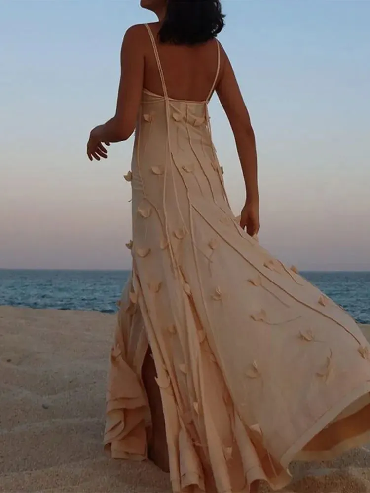 TAVIMART  -  Fashion 3d Flower Women Sling Maxi Dress Elegant V-neck Backless Split A-line Dresses 2024 Summer Lady Solid Beach Party Robes