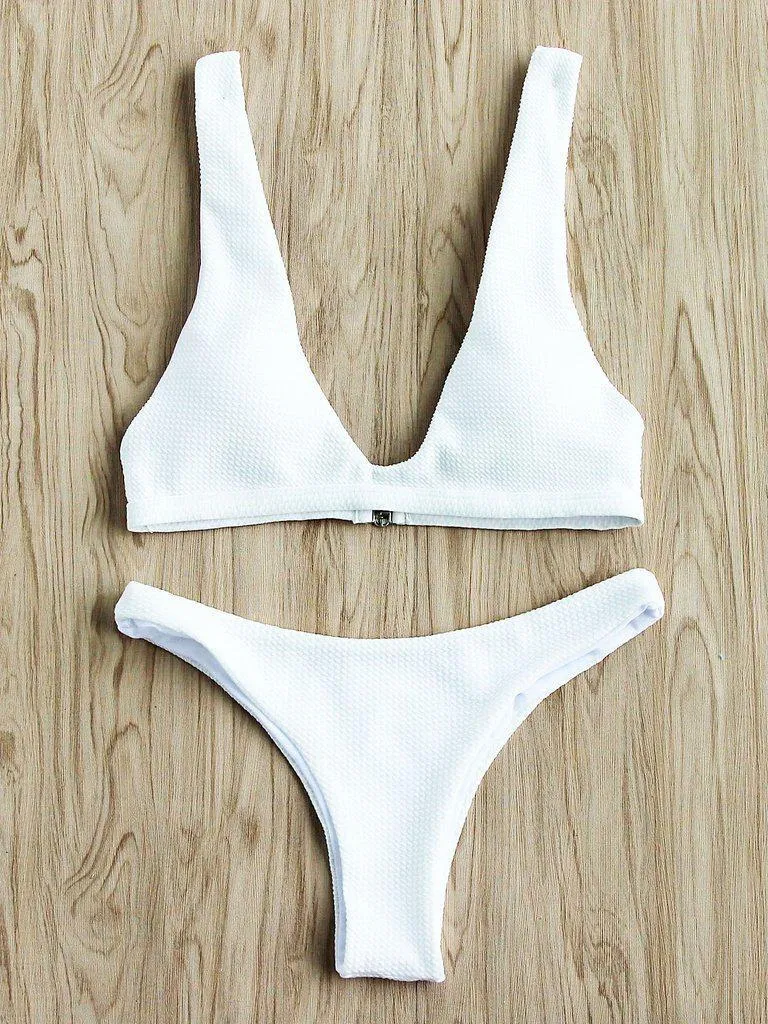 Textured Design Plunge Neck Bikini Set