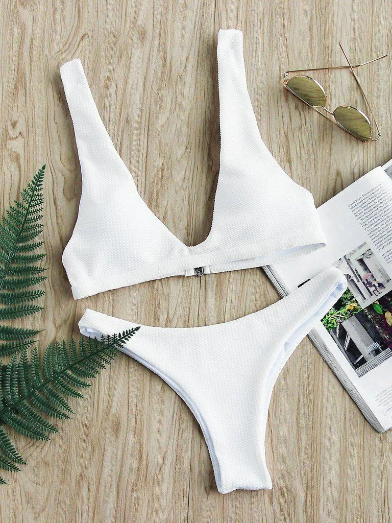 Textured Design Plunge Neck Bikini Set