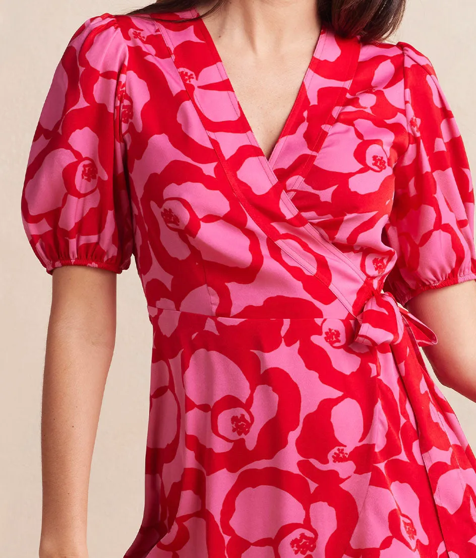 The Silky Luxe Puff Sleeve Beach to Brunch Wrap Dress - Pop Floral in Lava