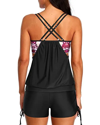 Tummy Control Bathing Suit Two Piece Tankini Set For Women-Black