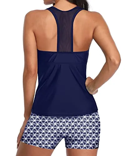 U Neck Tankini Set With Mesh Racerback And Boyleg Shorts For Women-Navy Blue Tribal