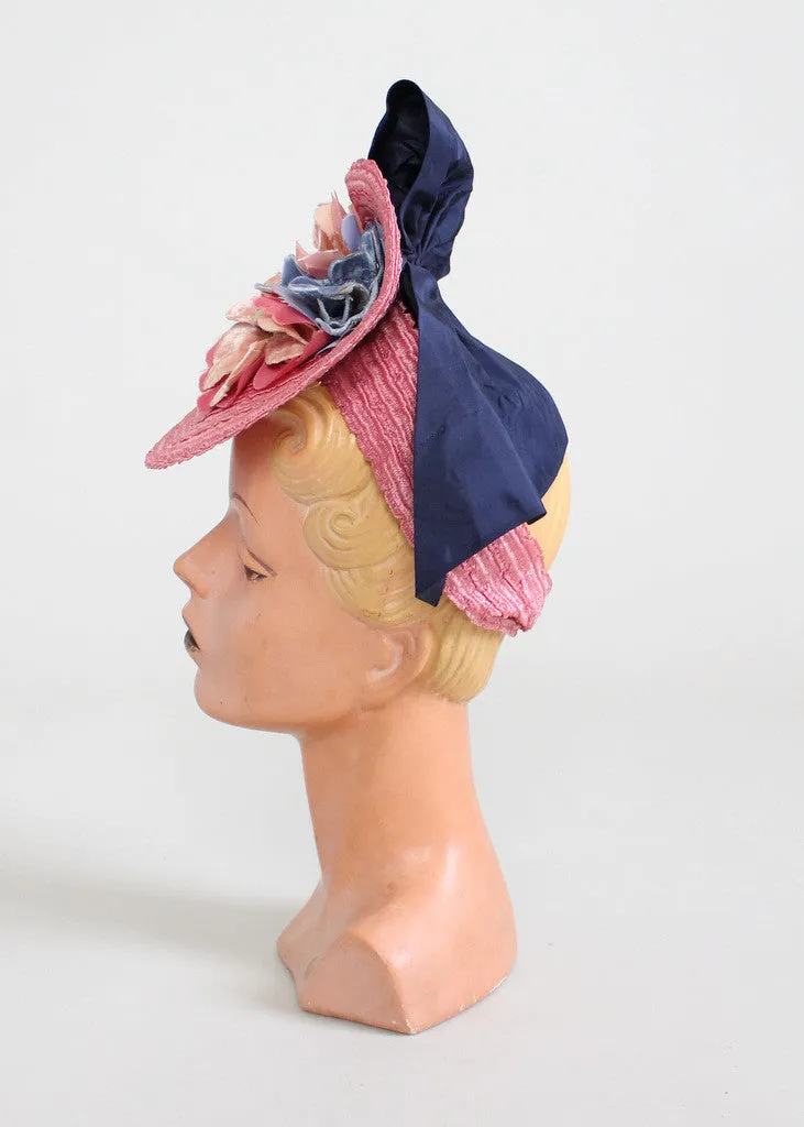 Vintage 1930s Dramatic Pink Floral Straw Tilt Hat