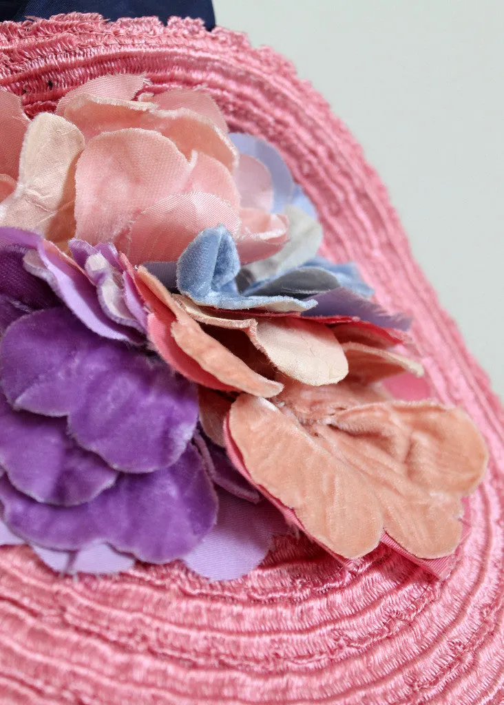 Vintage 1930s Dramatic Pink Floral Straw Tilt Hat