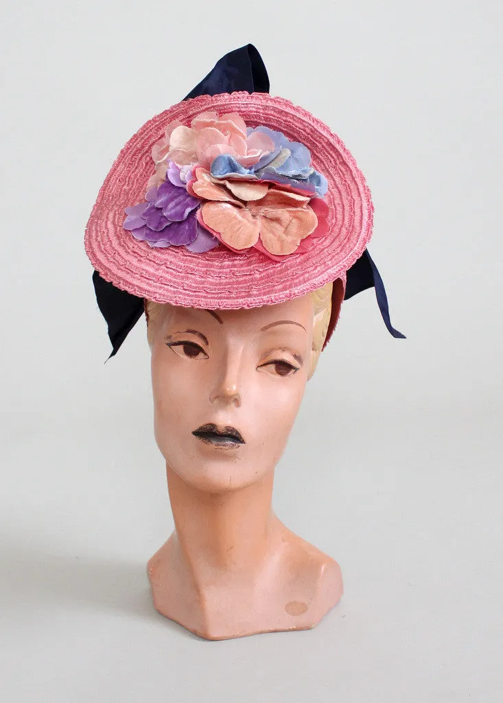 Vintage 1930s Dramatic Pink Floral Straw Tilt Hat