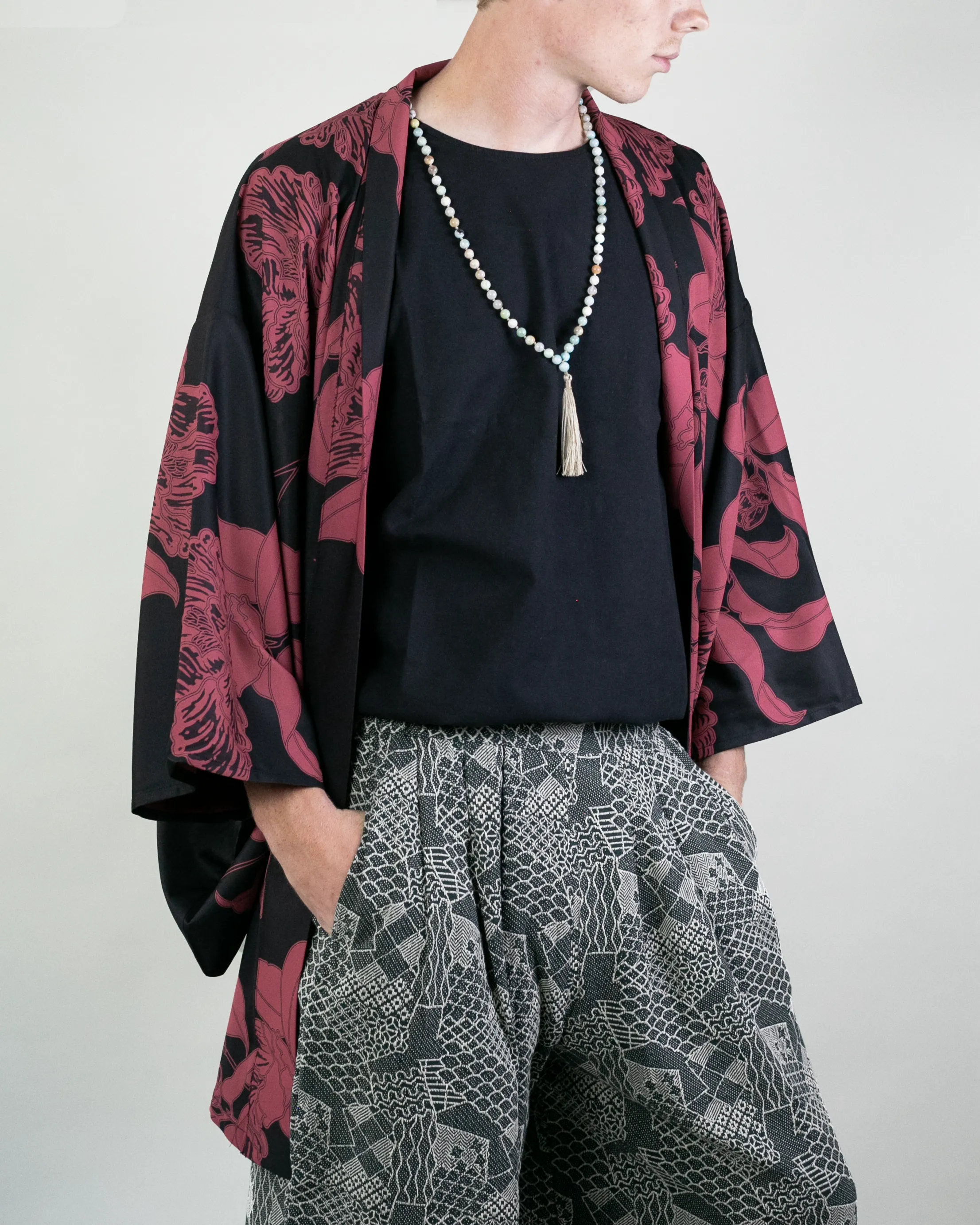 Wa-Modern Haori Robe, Red Flower Pattern
