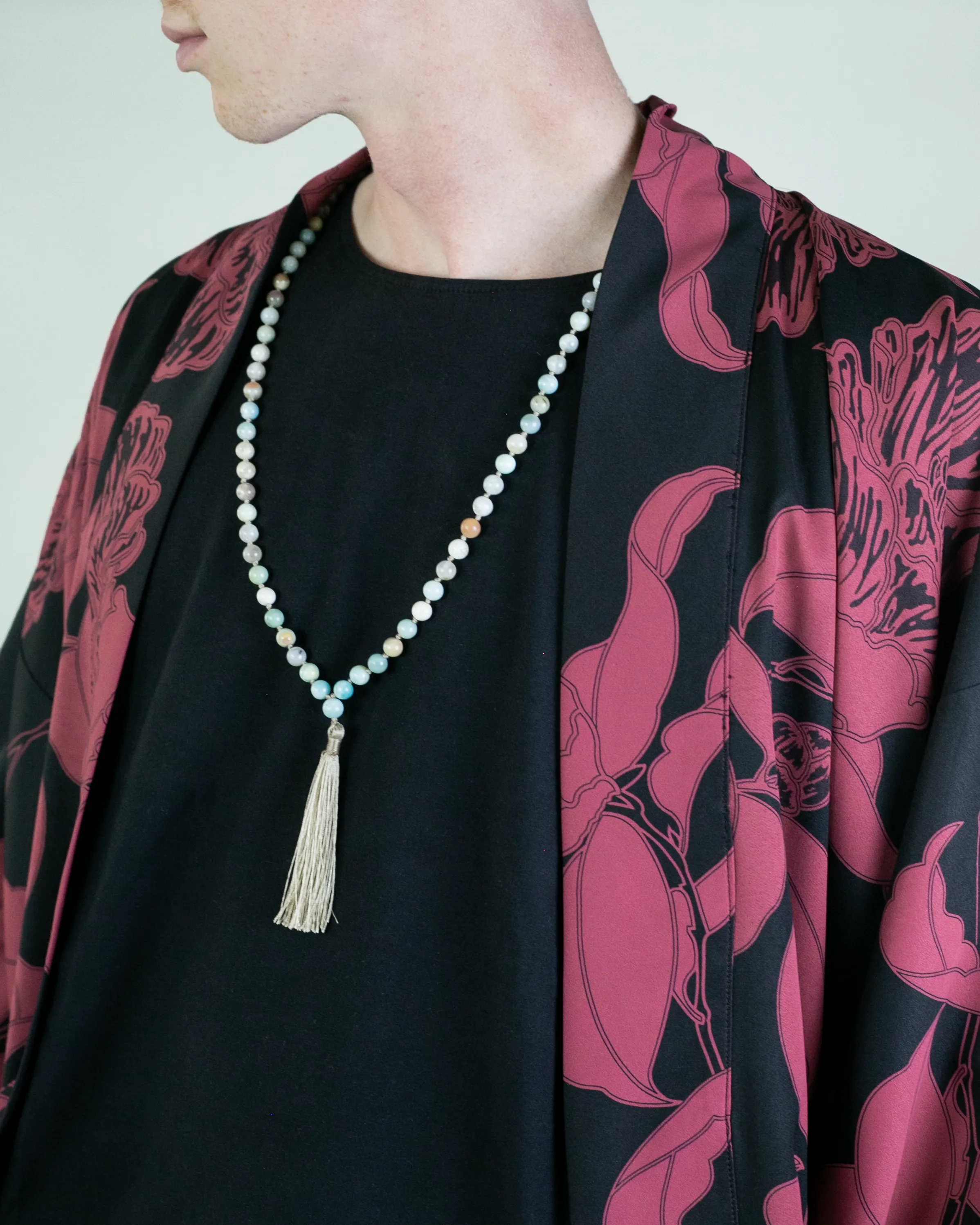 Wa-Modern Haori Robe, Red Flower Pattern