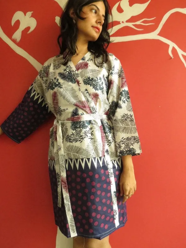 White Blue Leafy Knee Length, Kimono Crossover Belted Robe