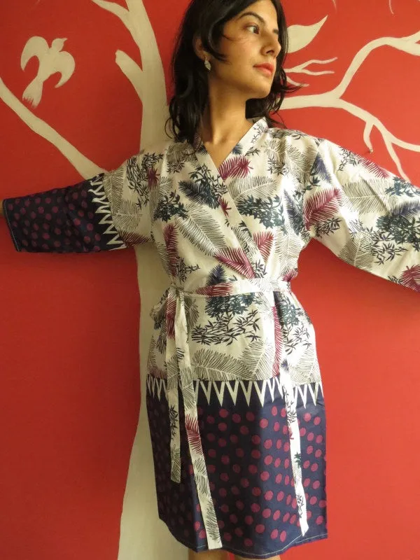 White Blue Leafy Knee Length, Kimono Crossover Belted Robe