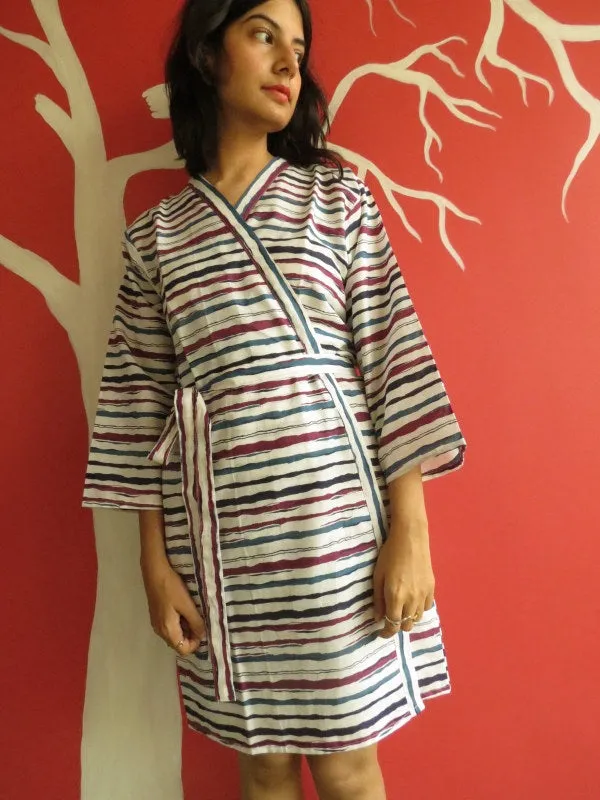 White Blue Striped Knee Length, Kimono Crossover Belted Robe
