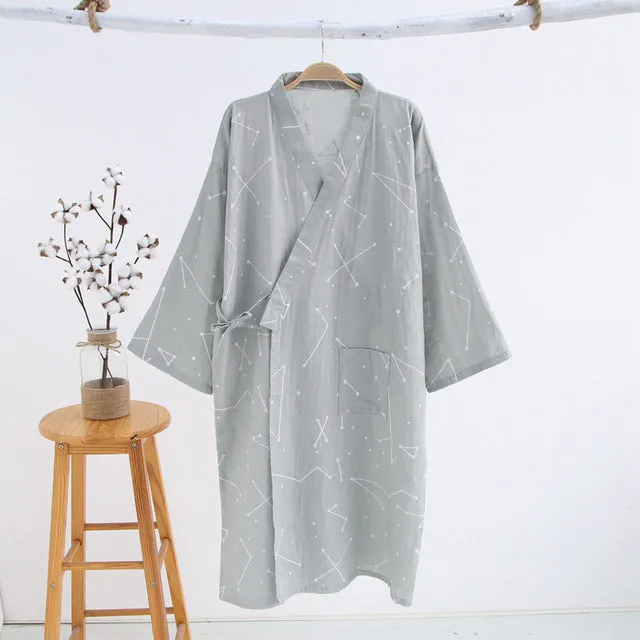 Wjczt New Men&#39;s 100% Cotton Gauze Cotton Robe Loose Thin Yukata Japanese Kimono Pajamas Men&#39;s Hooded Robe V-Neck Pajamas Bathrobe