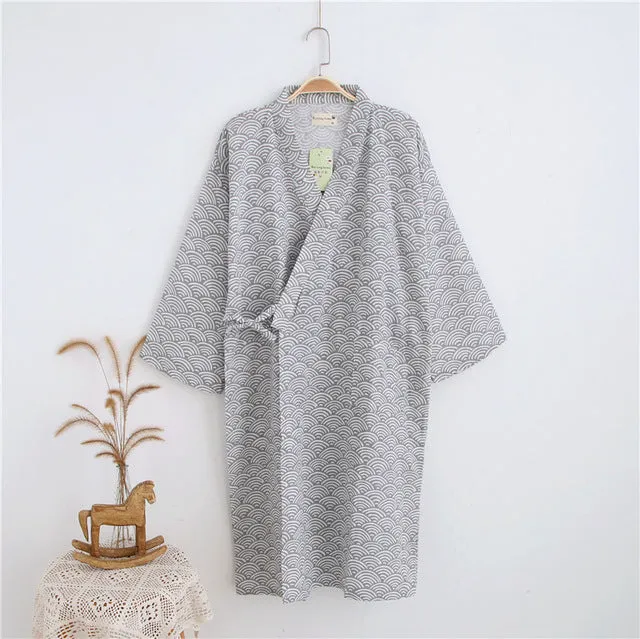 Wjczt New Men&#39;s 100% Cotton Gauze Cotton Robe Loose Thin Yukata Japanese Kimono Pajamas Men&#39;s Hooded Robe V-Neck Pajamas Bathrobe