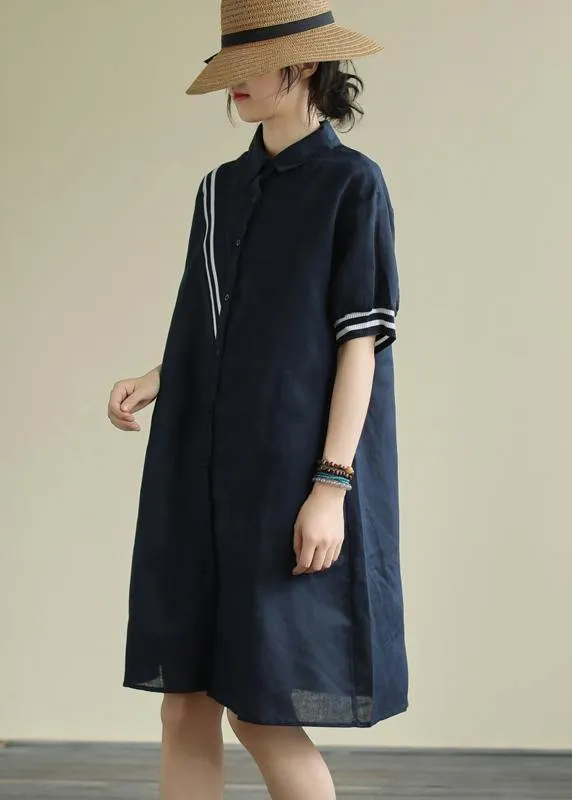 Women lapel Button Down linen summer Robes design navy striped Dresses