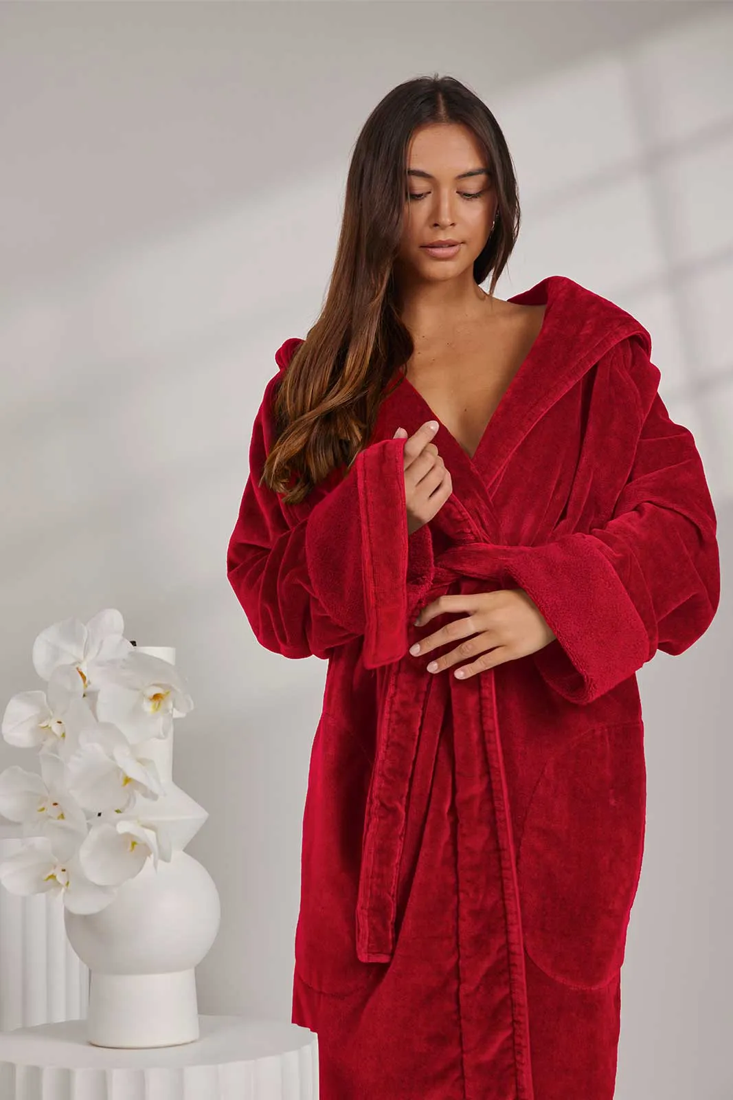 Womens Organic Hooded Robe in Chilli