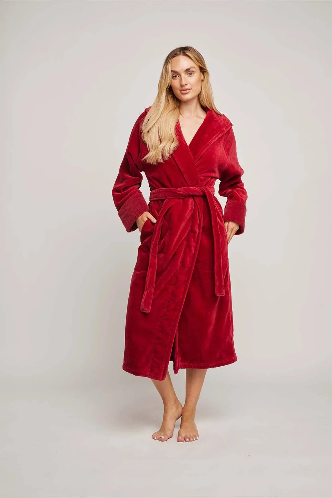 Womens Organic Hooded Robe in Chilli