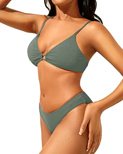 Women's Sexy Ribbed Two Piece Bikini High Cut Triangle Thong Swimwear
