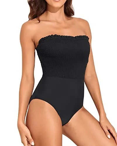 Womens Strapless One Piece Swimsuit Tummy Control Bandeau Bathing Suits-Black