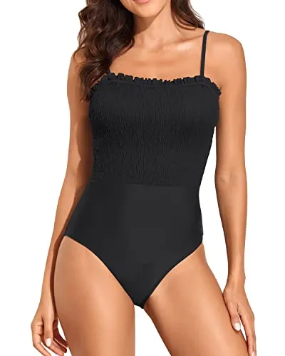 Womens Strapless One Piece Swimsuit Tummy Control Bandeau Bathing Suits-Black